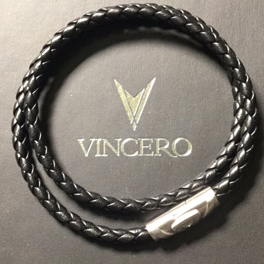 VINCERO The Delta Double Leather Bracelet - Black/Silver